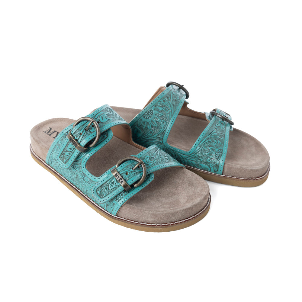 Sandales en cuir ciselé Myra Bluebell Ranch Handtooled, couleur bleu-vert alpin