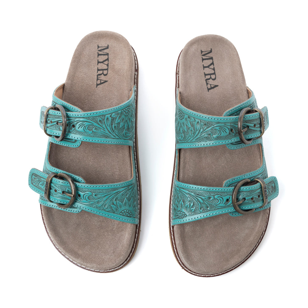 Sandales en cuir ciselé Myra Bluebell Ranch Handtooled, couleur bleu-vert alpin