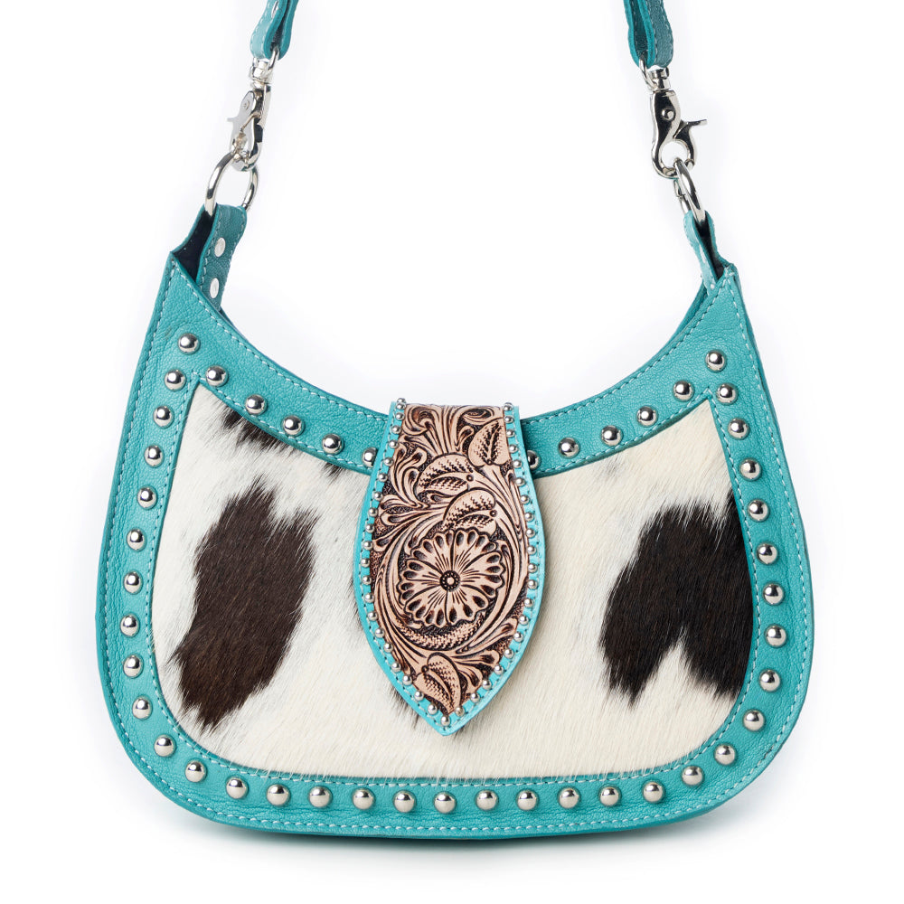 Sac à main Myra Santa Fe en cuir ciselé pour femme, turquoise avec détails en peau de vache et clous