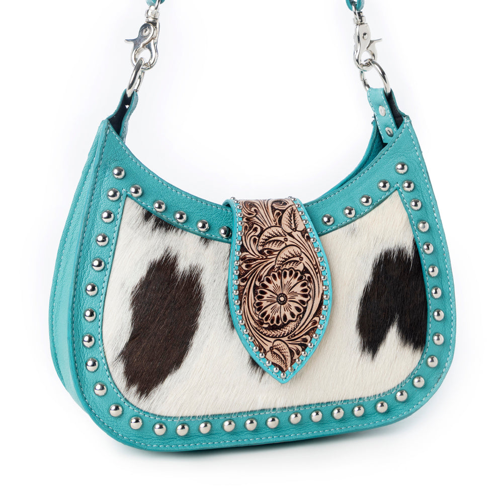 Sac à main Myra Santa Fe en cuir ciselé pour femme, turquoise avec détails en peau de vache et clous