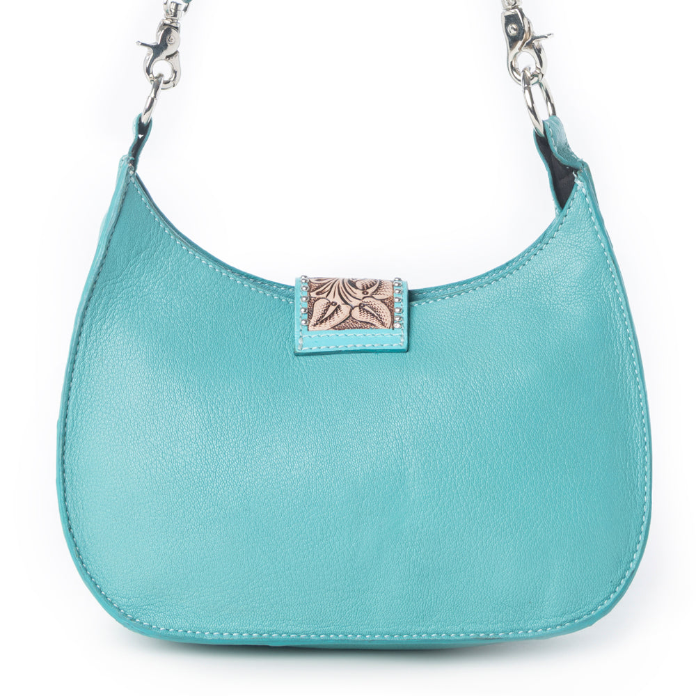 Sac à main Myra Santa Fe en cuir ciselé pour femme, turquoise avec détails en peau de vache et clous