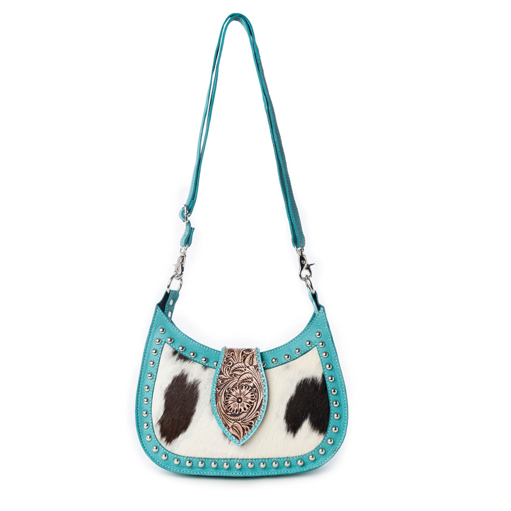 Sac à main Myra Santa Fe en cuir ciselé pour femme, turquoise avec détails en peau de vache et clous