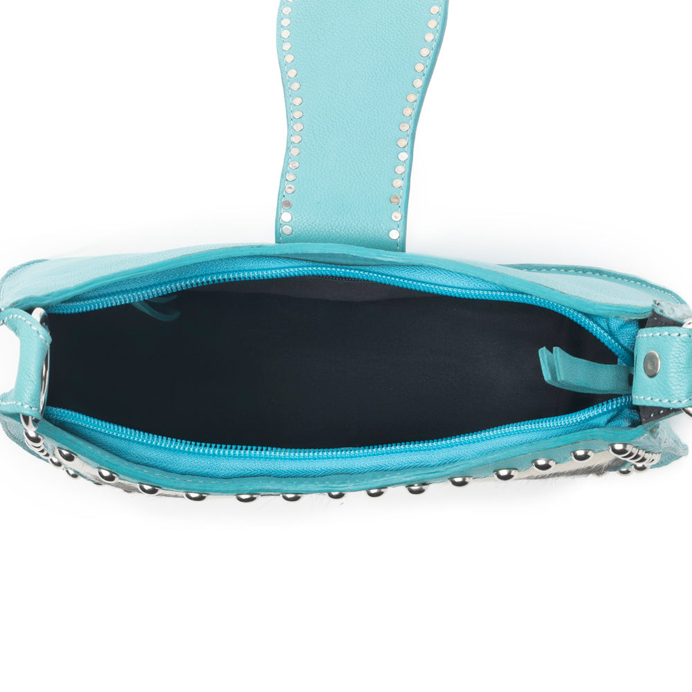Sac à main Myra Santa Fe en cuir ciselé pour femme, turquoise avec détails en peau de vache et clous
