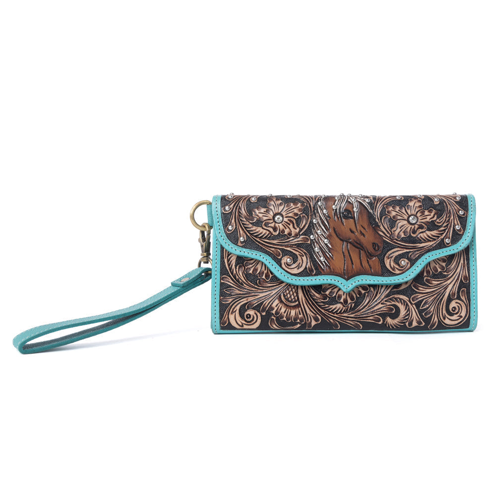 Portefeuille femme en cuir Myra Sunfire Valley Hairon sculpté à la main, turquoise nacré