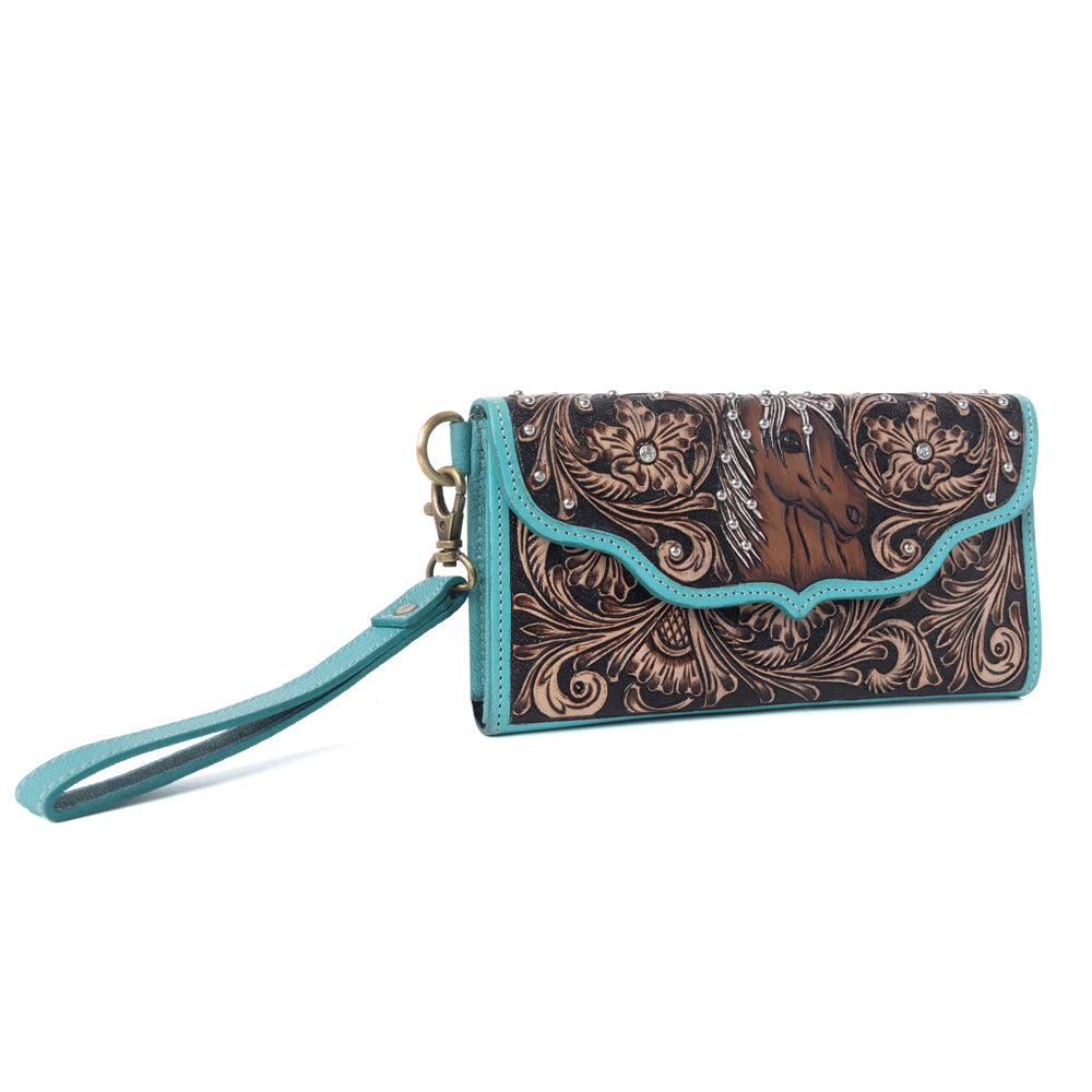 Portefeuille femme en cuir Myra Sunfire Valley Hairon sculpté à la main, turquoise nacré
