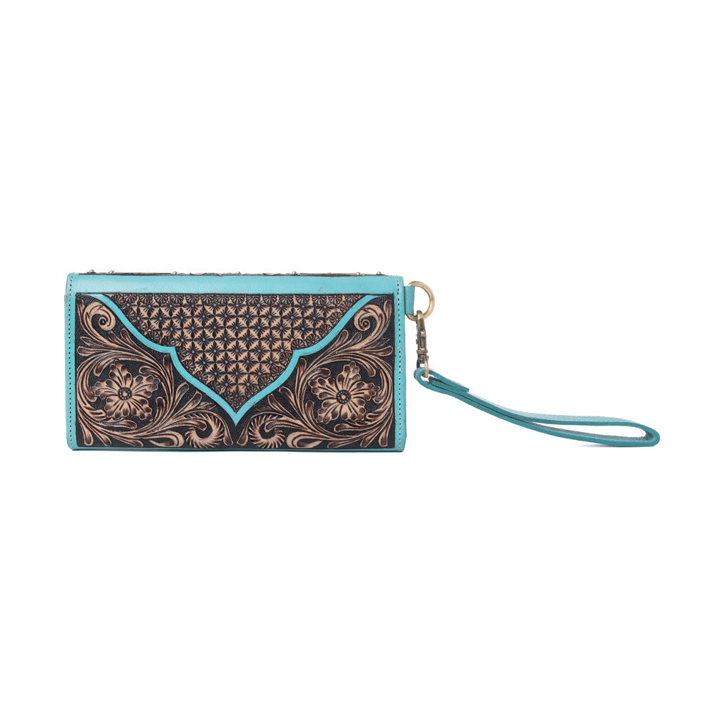 Portefeuille femme en cuir Myra Sunfire Valley Hairon sculpté à la main, turquoise nacré