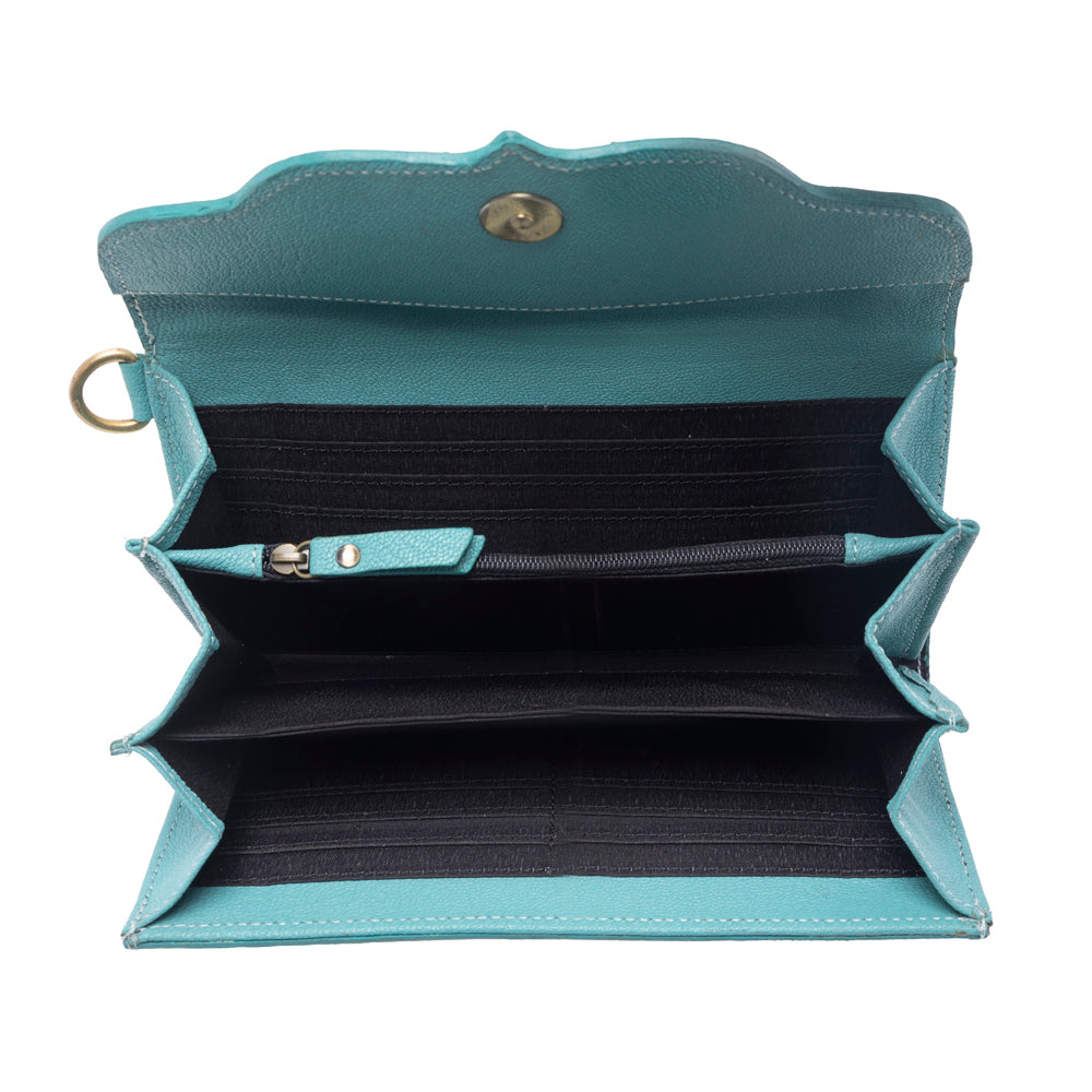 Portefeuille femme en cuir Myra Sunfire Valley Hairon sculpté à la main, turquoise nacré