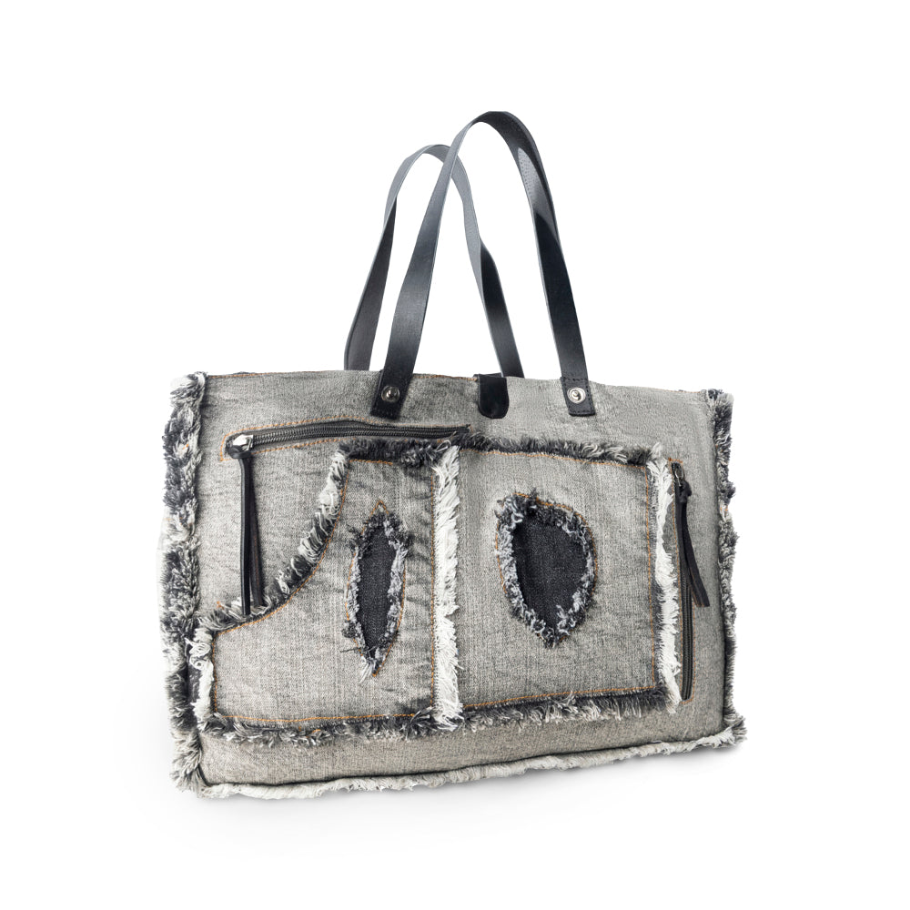 Sac cabas en jean Myra Frayed Frontier Western pour femme en jean noir avec détails frangés