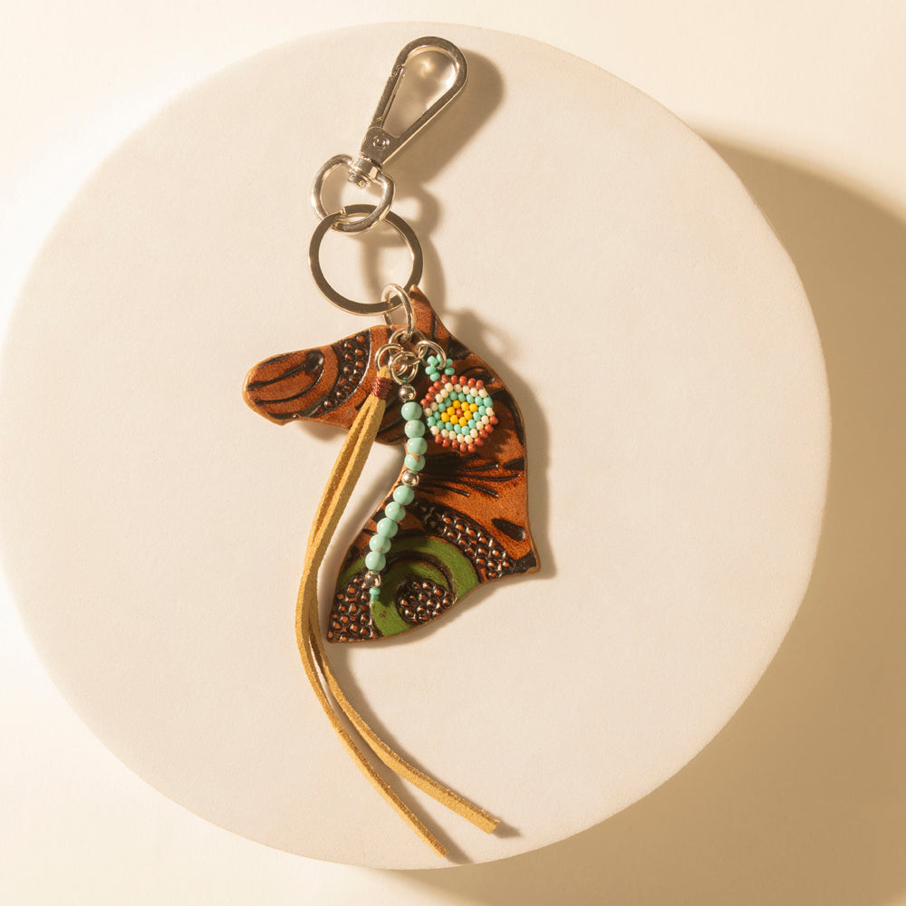 Porte-clés en cuir Myra Western Star Horse, ciselé à la main, Ambre et Turquoise