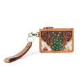 Porte-cartes western Myra, fait main, pour femme, en cuir marron clair avec motif cactus ciselé à la main