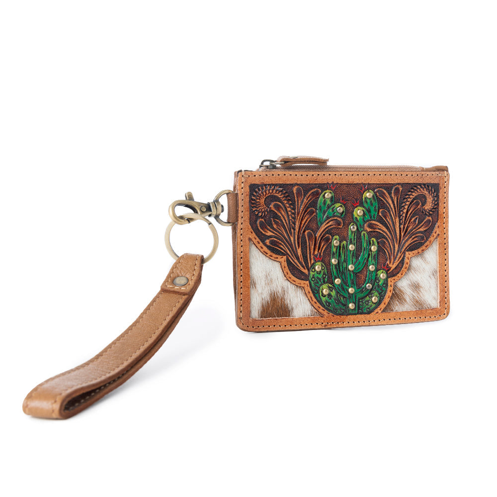 Porte-cartes western Myra, fait main, pour femme, en cuir marron clair avec motif cactus ciselé à la main