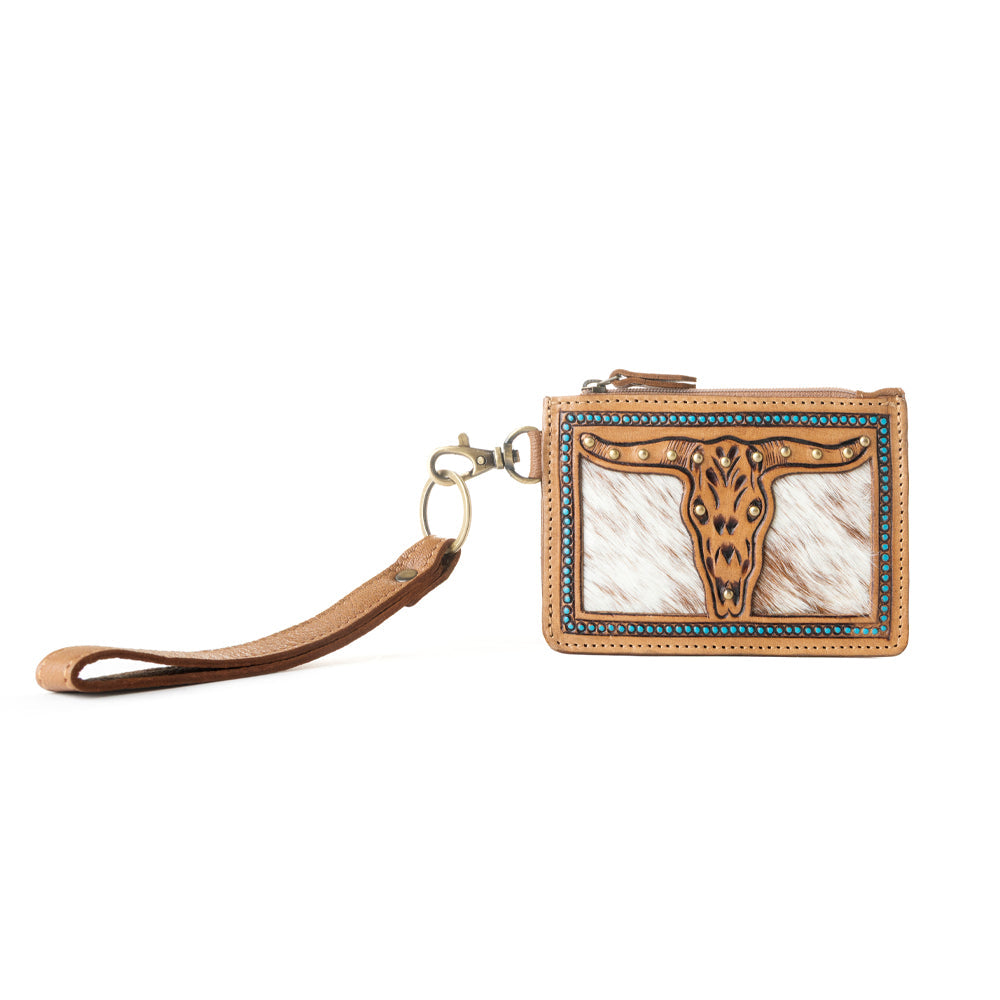 Porte-cartes western Myra fait main pour femme en kaki avec détails en poils de vache
