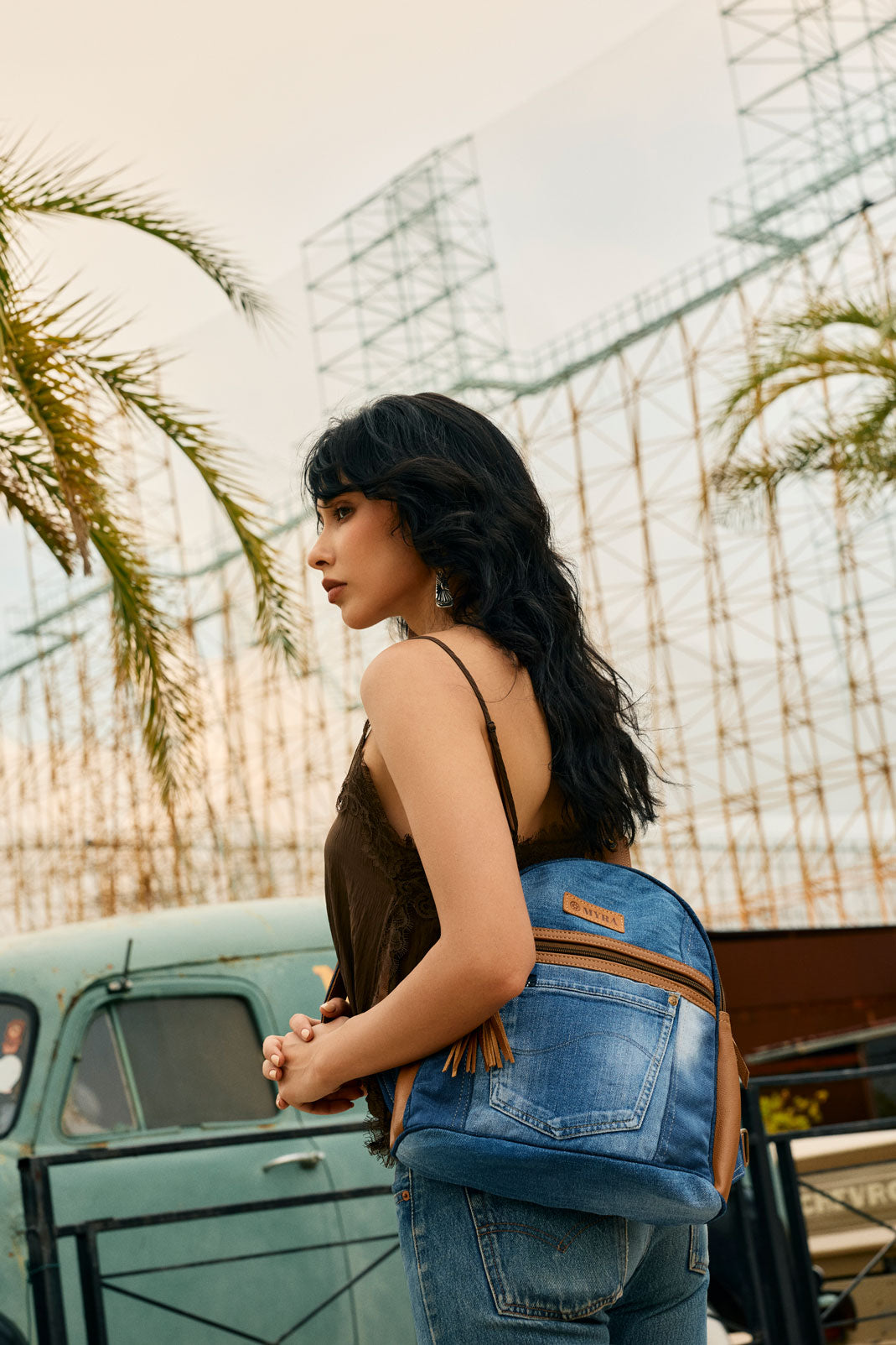 Sac banane Myra Bluejean pour femme, bleu denim avec poche avant