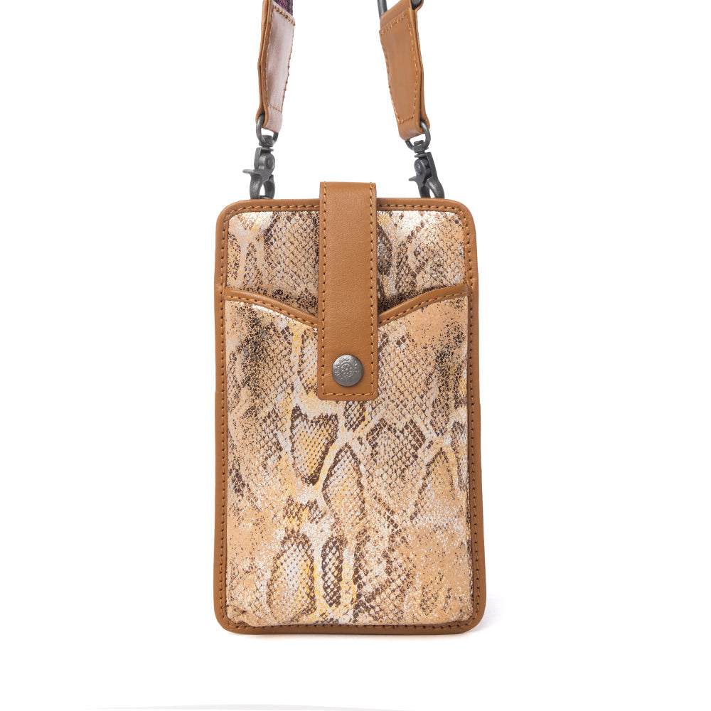 Porte-téléphone en cuir à imprimé serpent Myra Cedar, motif Toffee Patch