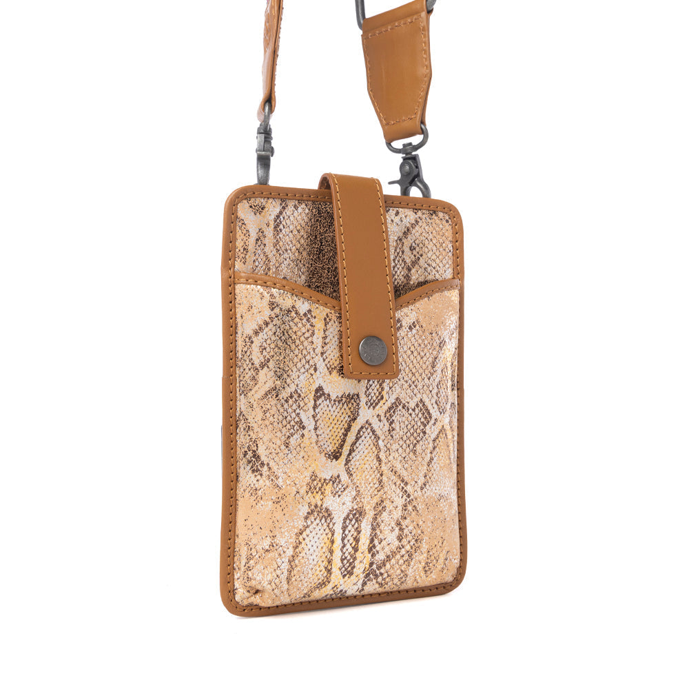 Porte-téléphone en cuir à imprimé serpent Myra Cedar, motif Toffee Patch