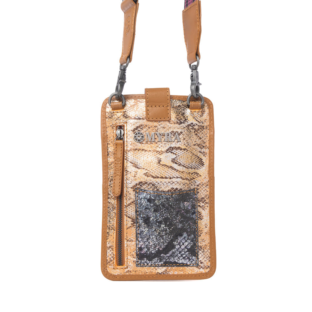 Porte-téléphone en cuir à imprimé serpent Myra Cedar, motif Toffee Patch