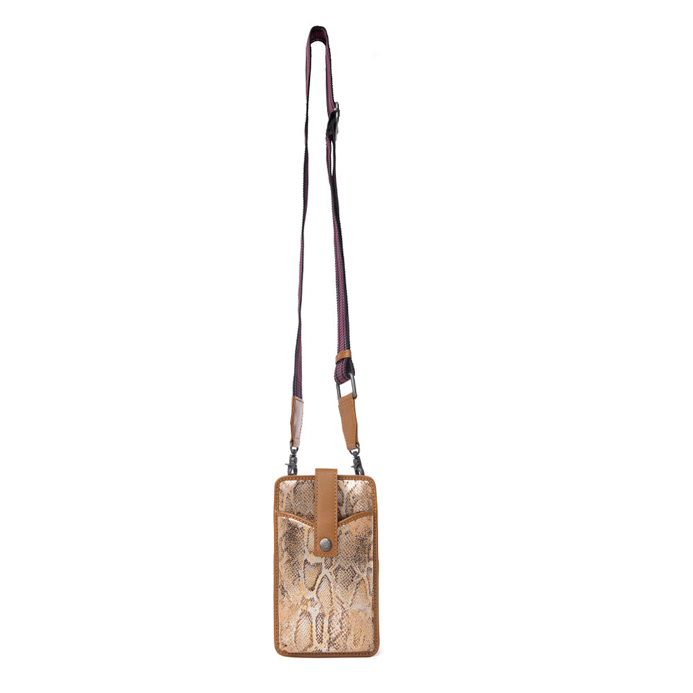 Porte-téléphone en cuir à imprimé serpent Myra Cedar, motif Toffee Patch