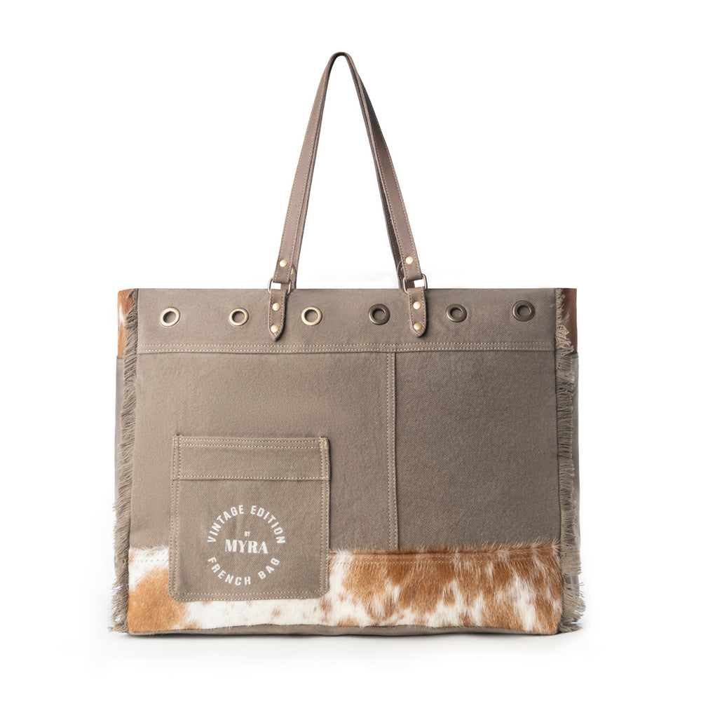 Sac de voyage week-end Myra Ranger Hide Western pour femme, coloris olive avec détails en cuir de veau poilu
