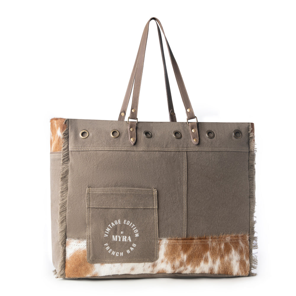 Sac de voyage week-end Myra Ranger Hide Western pour femme, coloris olive avec détails en cuir de veau poilu