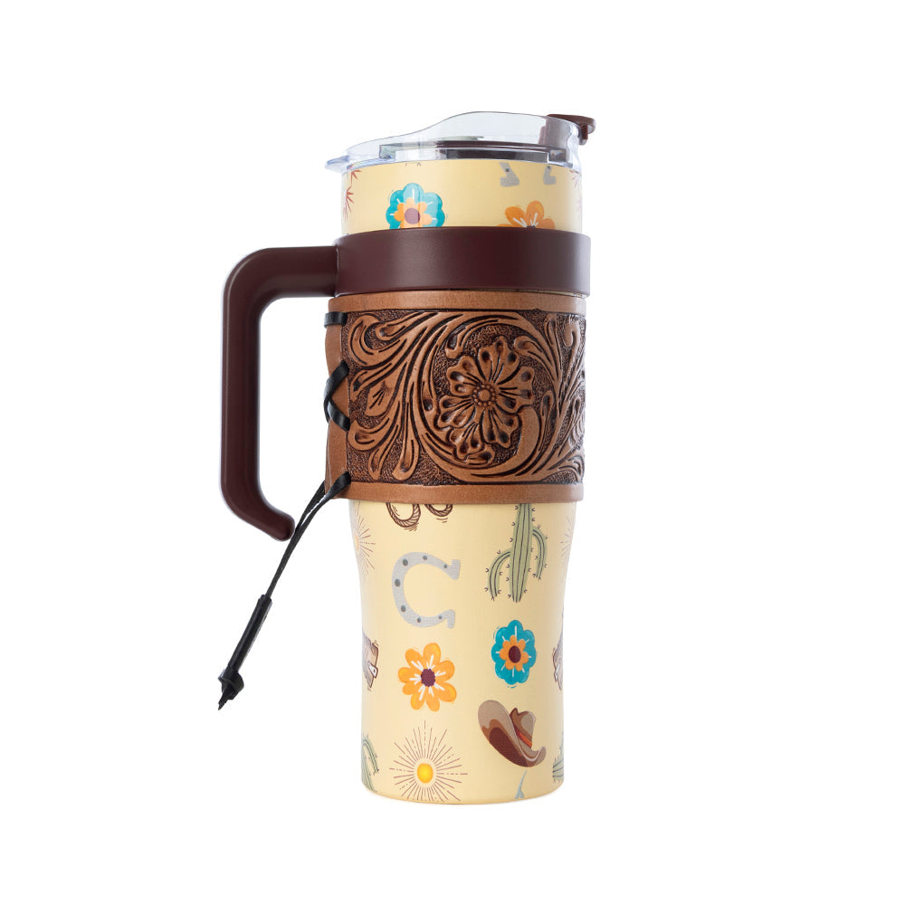 Verre isotherme Myra Trailkissed Western en acier inoxydable jaune avec revêtement en cuir et poignée, pour usage quotidien
