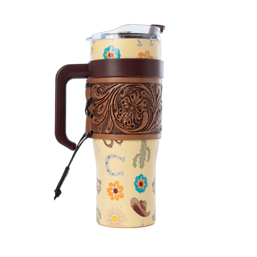 Verre isotherme Myra Trailkissed Western en acier inoxydable jaune avec revêtement en cuir et poignée, pour usage quotidien