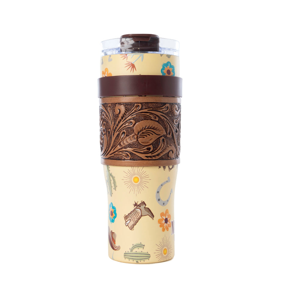 Verre isotherme Myra Trailkissed Western en acier inoxydable jaune avec revêtement en cuir et poignée, pour usage quotidien