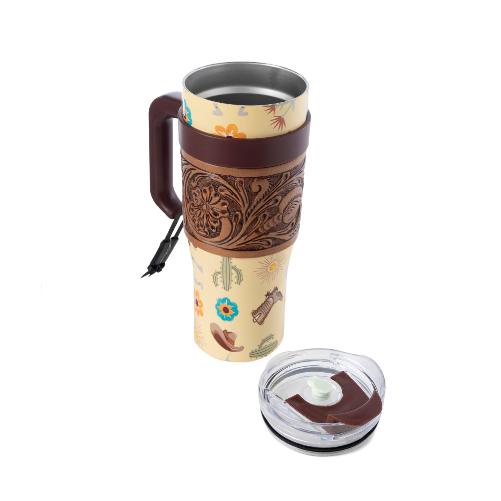 Verre isotherme Myra Trailkissed Western en acier inoxydable jaune avec revêtement en cuir et poignée, pour usage quotidien