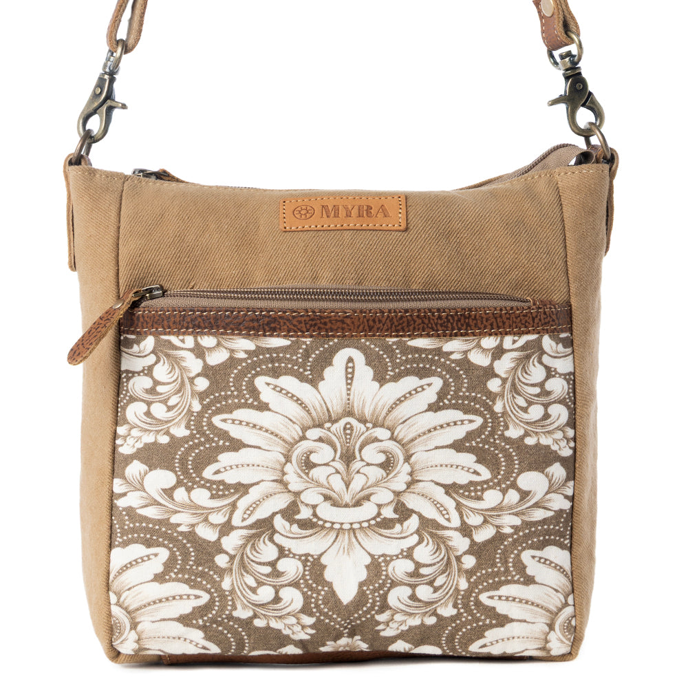 Sac bandoulière vintage Myra Crestbloom pour femme, coloris olive avec motif imprimé