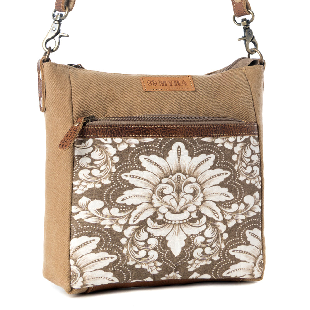 Sac bandoulière vintage Myra Crestbloom pour femme, coloris olive avec motif imprimé