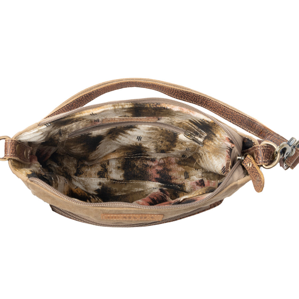 Sac bandoulière vintage Myra Crestbloom pour femme, coloris olive avec motif imprimé