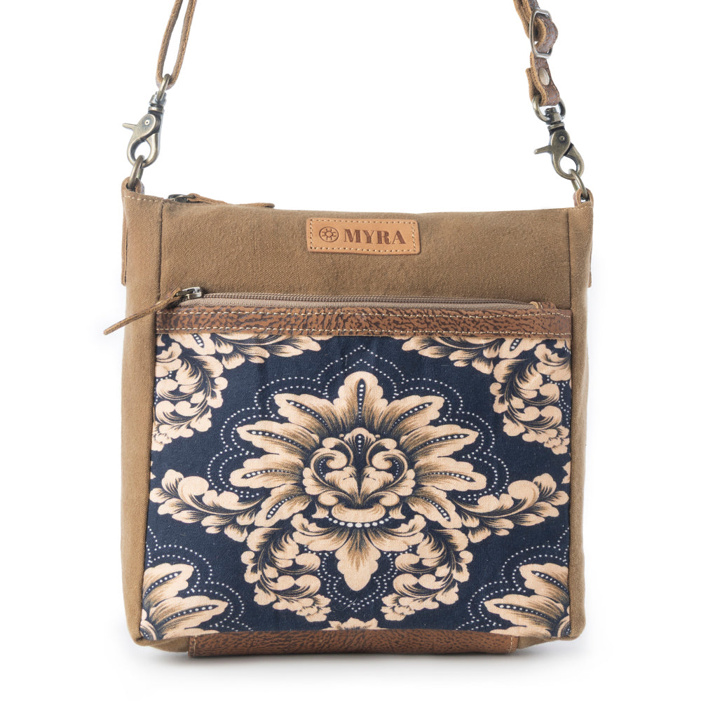 Sac bandoulière vintage Myra Crestbloom pour femmes en marine avec détails imprimés