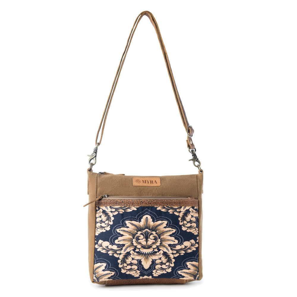 Sac bandoulière vintage Myra Crestbloom pour femmes en marine avec détails imprimés