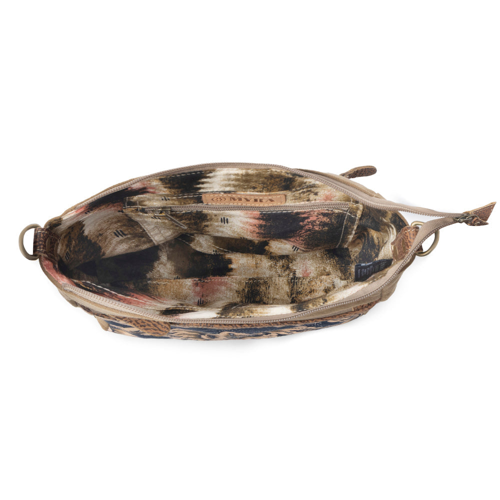 Sac bandoulière vintage Myra Crestbloom pour femmes en marine avec détails imprimés