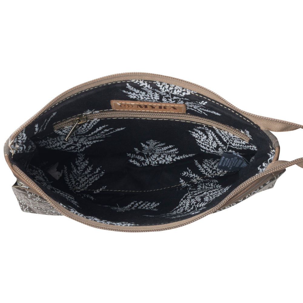 Sac à bandoulière vintage Myra Wildprint Trail pour femme, coloris olive avec détails en mosaïque.
