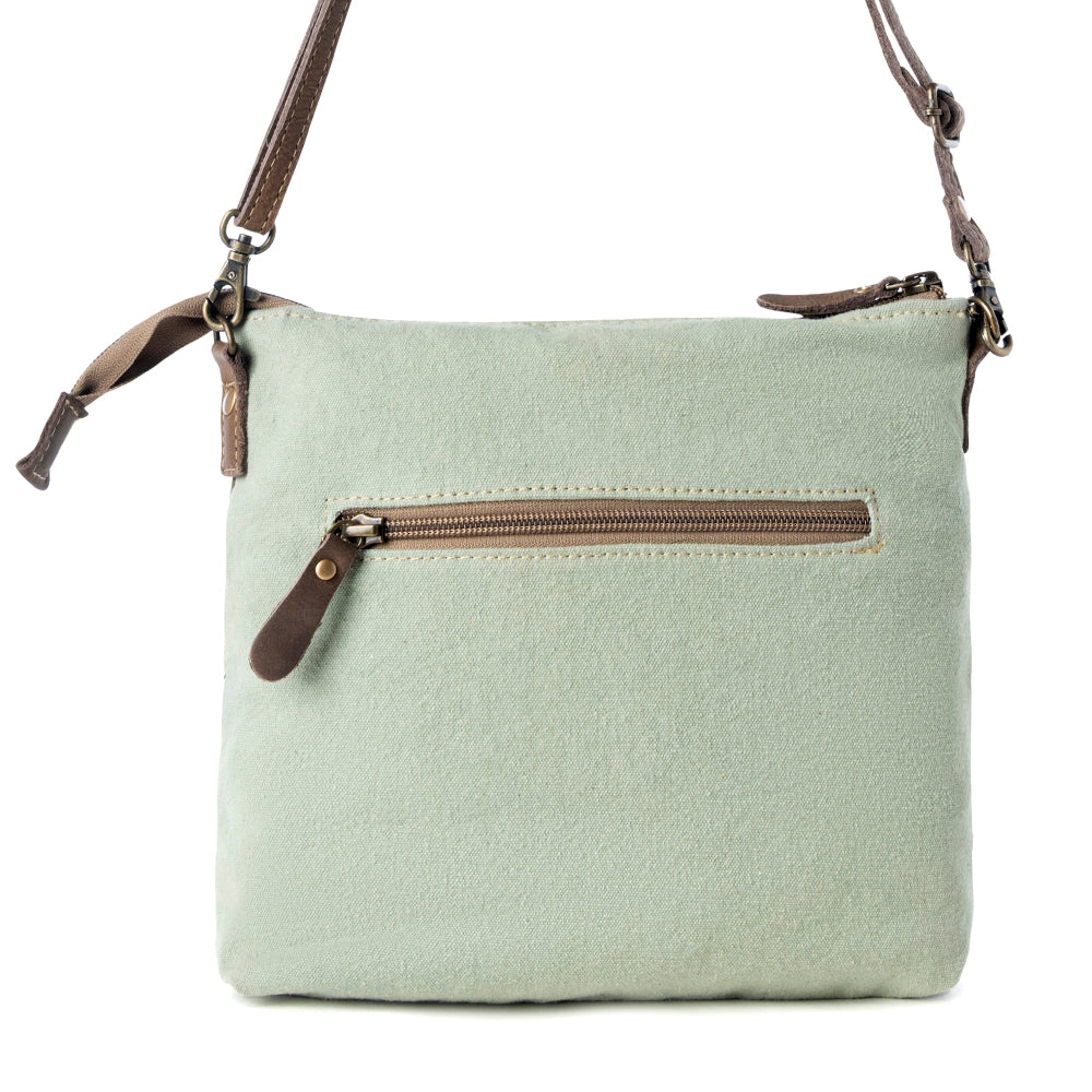 Sac bandoulière Myra Wildprint Trail en toile recyclée pour femme, couleur sauge avec détails floraux