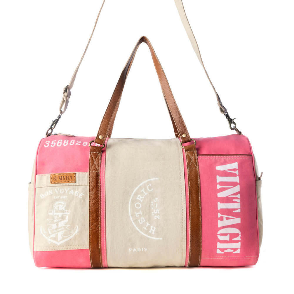 Sac de voyage vintage Myra Wandermark pour homme rose avec détails en cuir