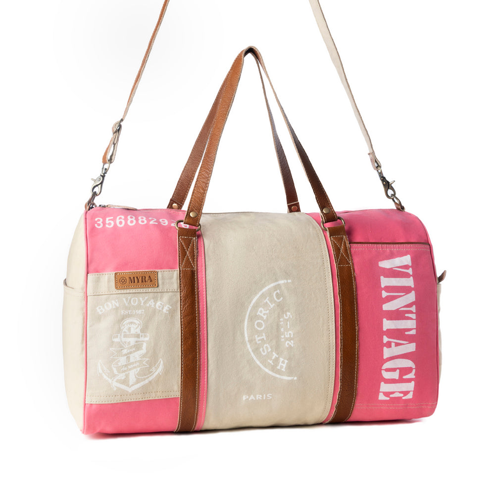 Sac de voyage vintage Myra Wandermark pour homme rose avec détails en cuir