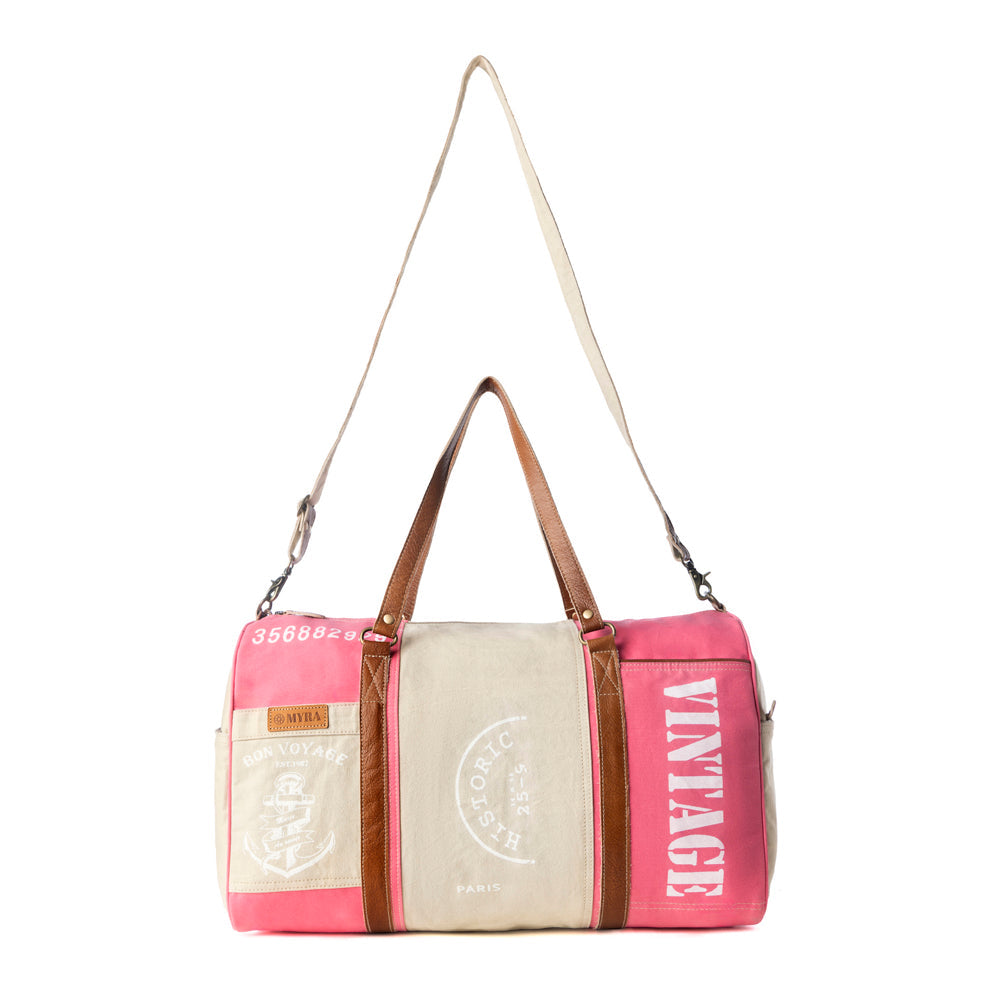 Sac de voyage vintage Myra Wandermark pour homme rose avec détails en cuir