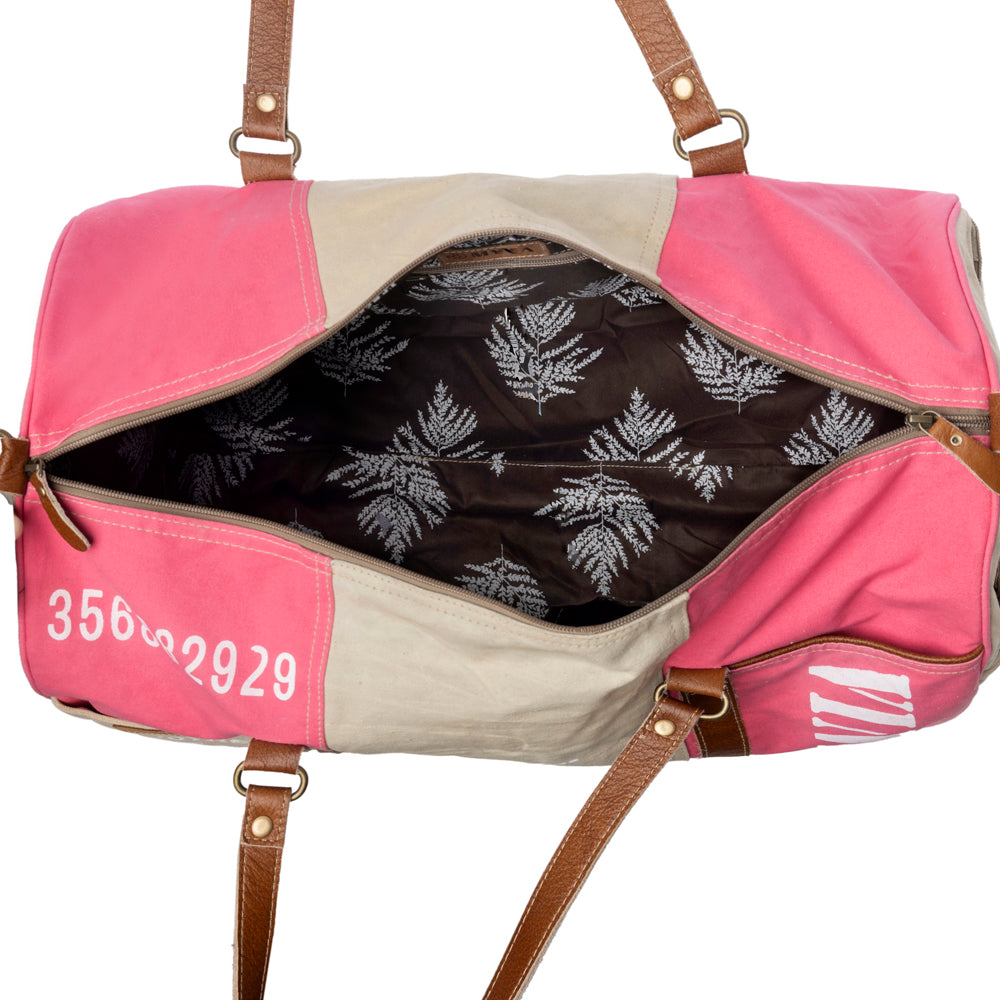 Sac de voyage vintage Myra Wandermark pour homme rose avec détails en cuir