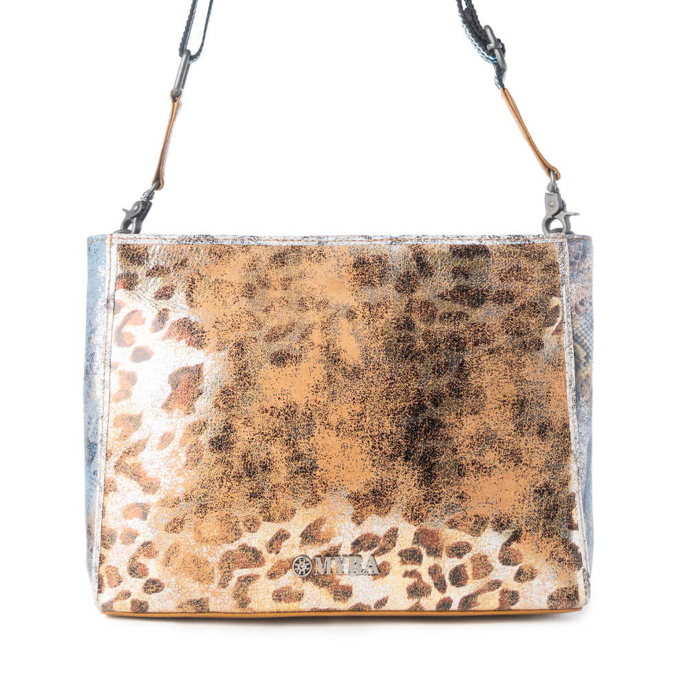 Sac en cuir Myra Safari Glow pour femme, marron avec détails métalliques et bandoulière