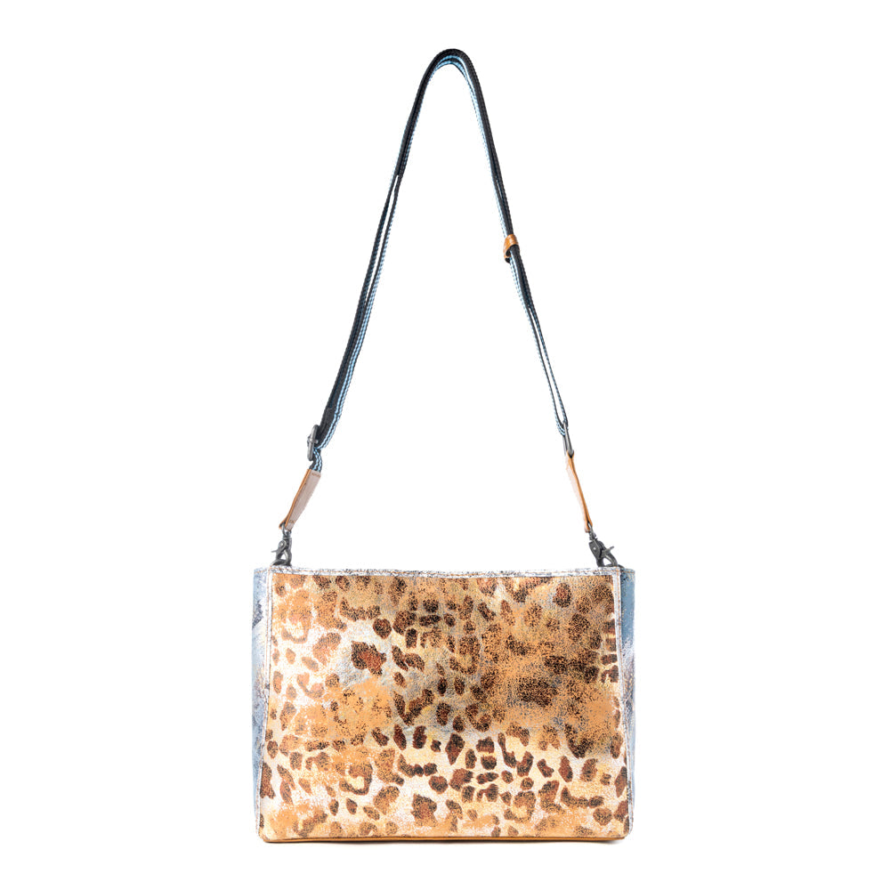 Sac en cuir Myra Safari Glow pour femme, marron avec détails métalliques et bandoulière