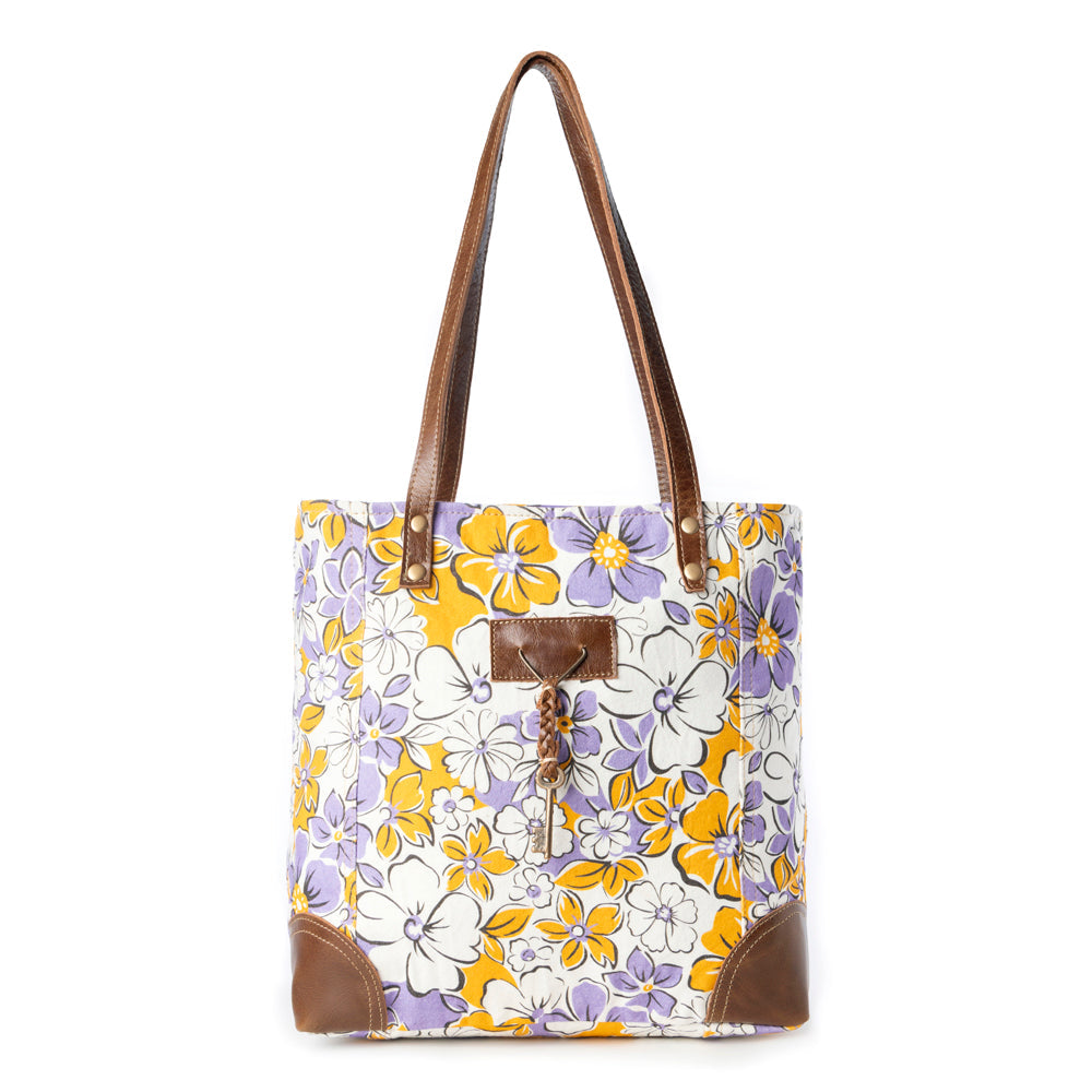 Sac cabas en toile recyclée Myra Retro Bloom pour femme, jaune avec détails en cuir