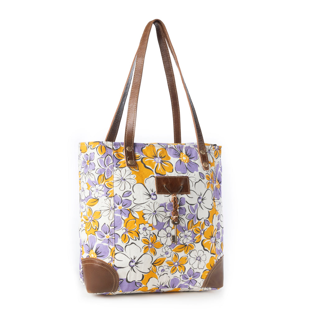 Sac cabas en toile recyclée Myra Retro Bloom pour femme, jaune avec détails en cuir