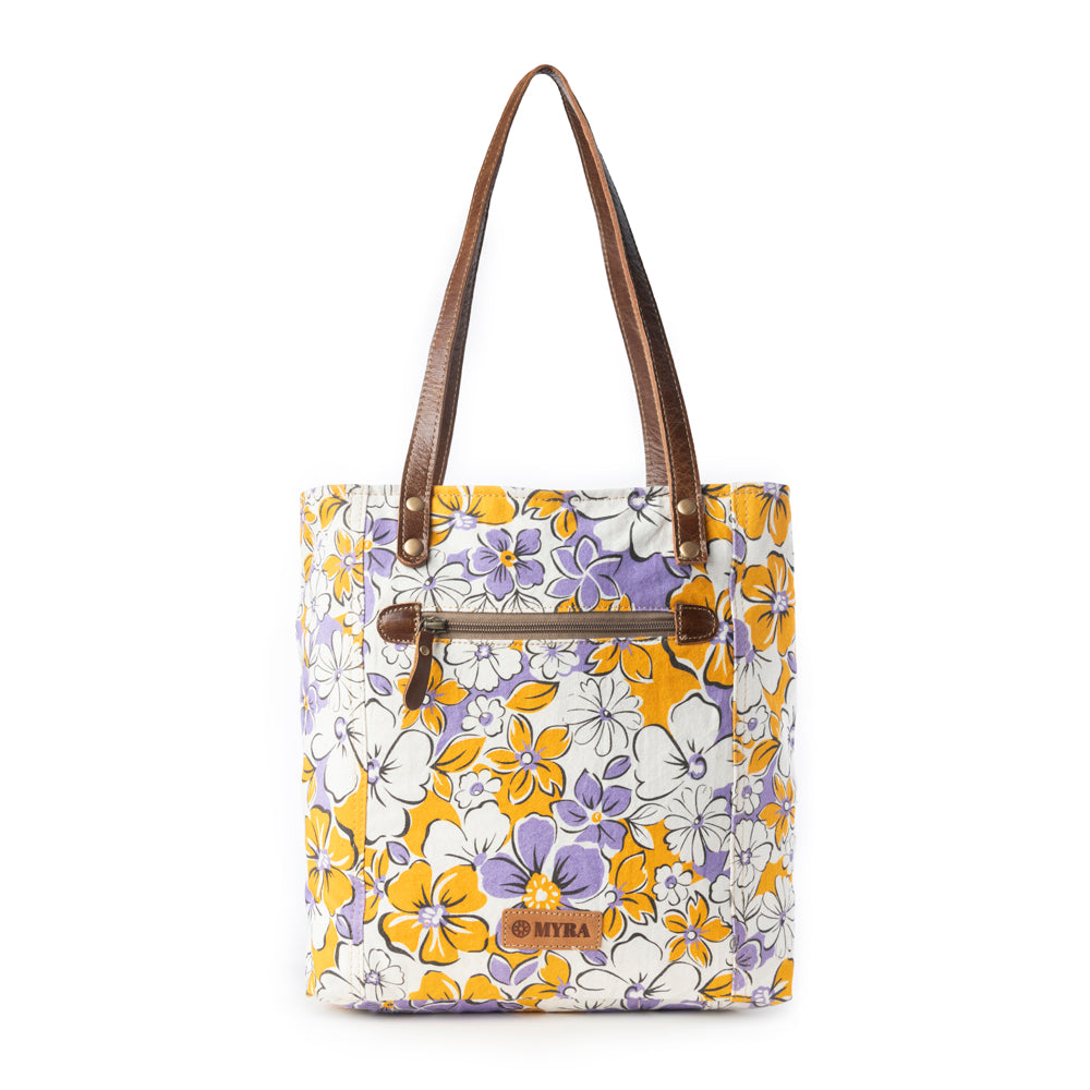Sac cabas en toile recyclée Myra Retro Bloom pour femme, jaune avec détails en cuir