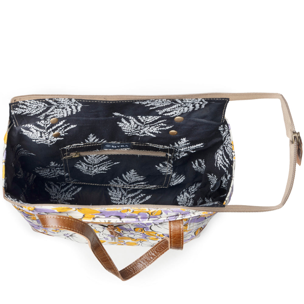 Sac cabas en toile recyclée Myra Retro Bloom pour femme, jaune avec détails en cuir
