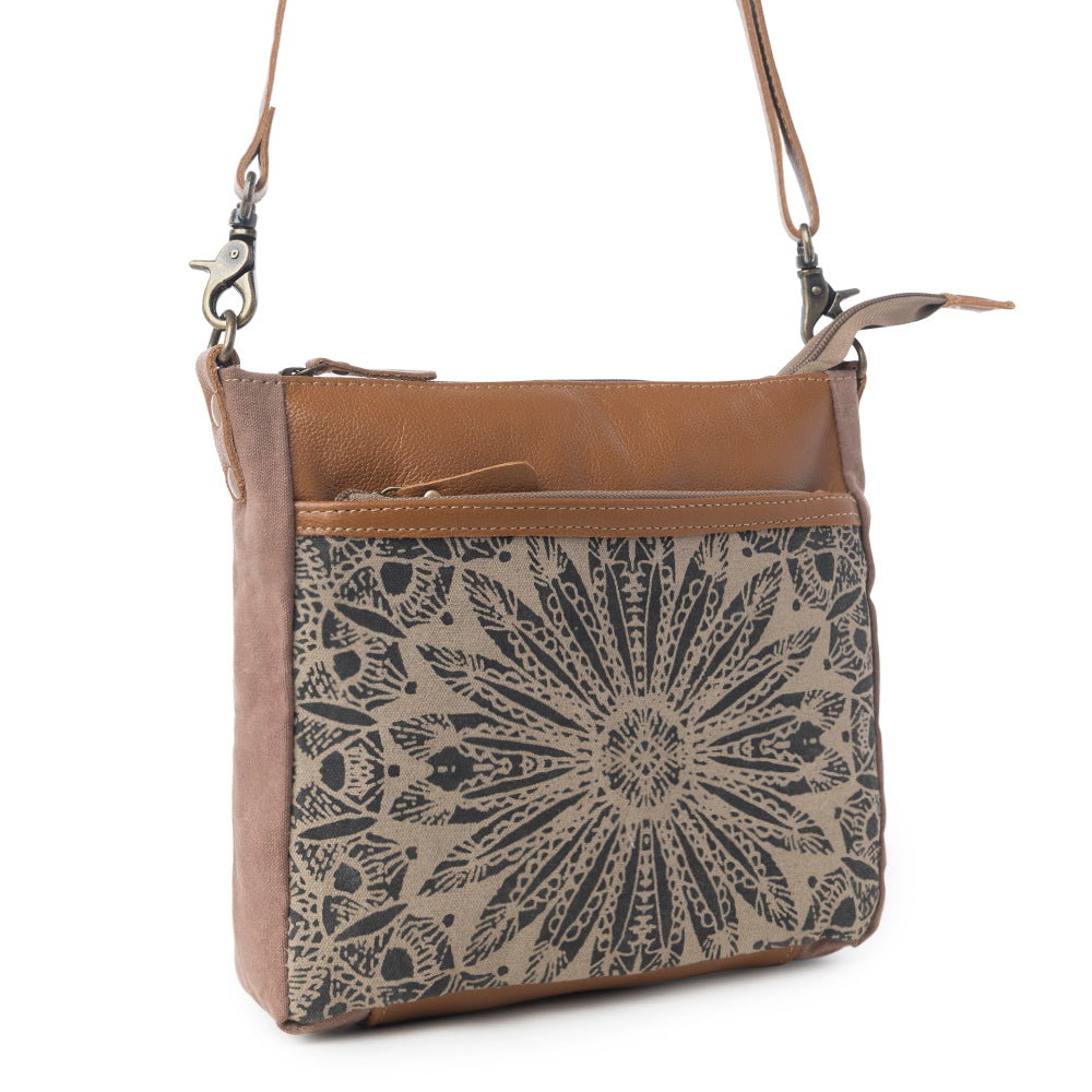Sac bandoulière en cuir Myra Dizzy Circle pour femme Imprimé floral Sunburst, Bandoulière réglable, Compagnon rustique au quotidien