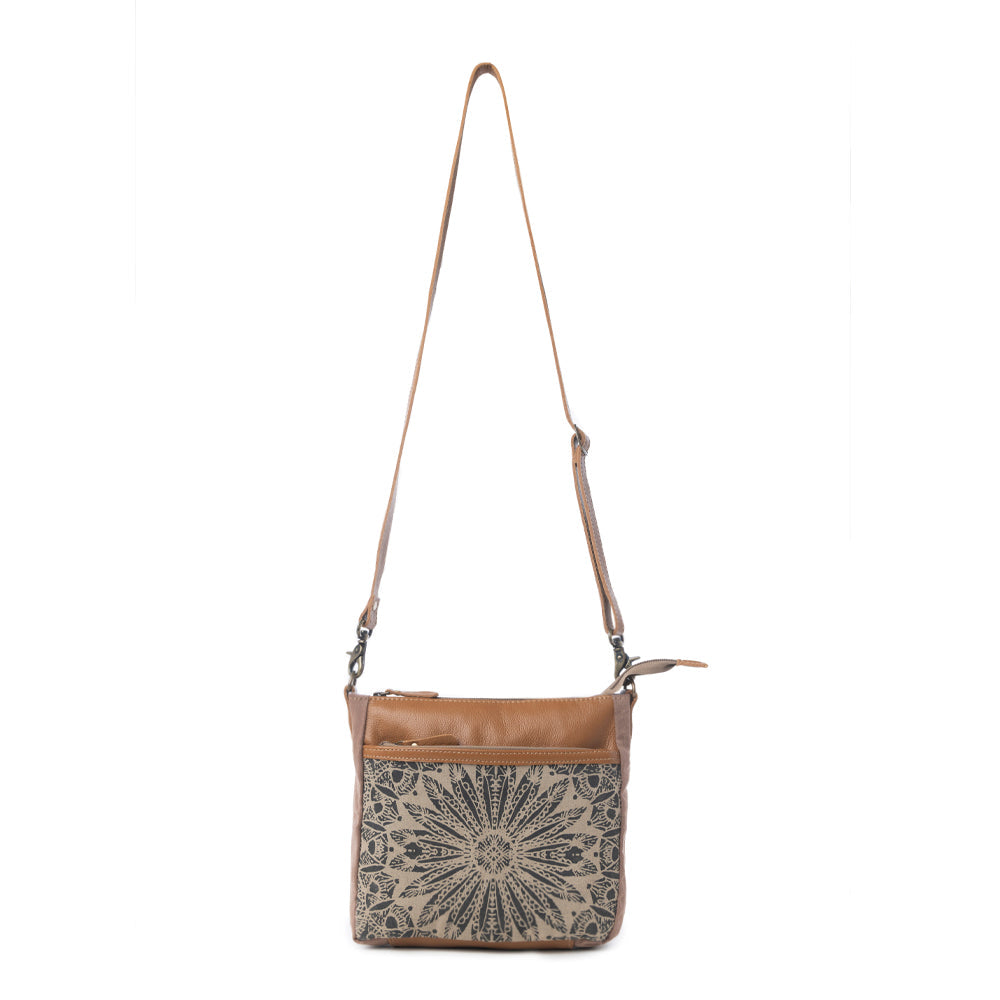 Sac bandoulière en cuir Myra Dizzy Circle pour femme Imprimé floral Sunburst, Bandoulière réglable, Compagnon rustique au quotidien