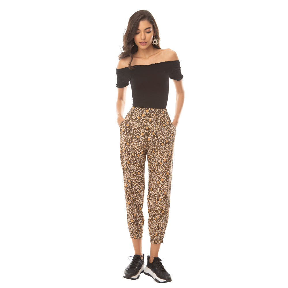 Joggers Doux Imprimé Léopard Strass