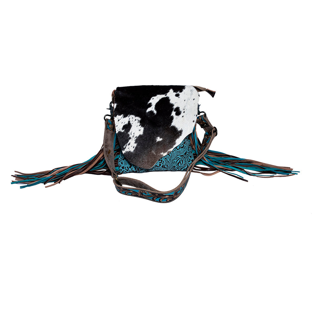 Sac à main dissimulé Myra Cobal Blue en cuir véritable avec panneau turquoise gaufré et détails à franges