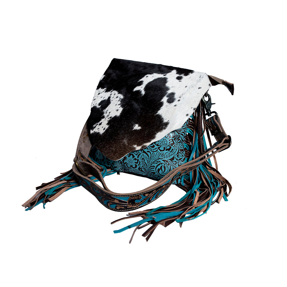 Sac à main dissimulé Myra Cobal Blue en cuir véritable avec panneau turquoise gaufré et détails à franges